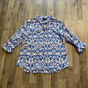 French Curve Blue Geometric Button Front Blouse Size Large